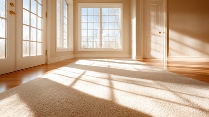 Fototapeta premium A spacious, empty room filled with natural sunlight creating delicate shadows on the floor, offering a sense of openness, tranquility, and modern minimalism.