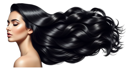 Beautiful woman with long wavy black hair isolated on transparent background