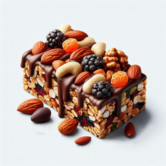 Granola fitness bars topped with mixed nuts, dried fruits, and chocolate drizzle, isolated on white transparent background, representing healthy snack