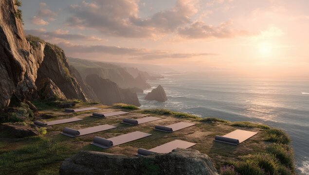 Yoga mats on a cliff overlooking a vast ocean at sunset