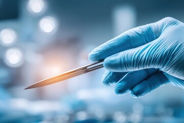 Close-up of a gloved hand holding a surgical instrument with precision.