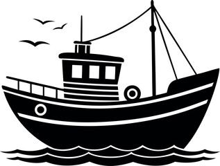 Simple Black and White Fishing Boat Icon with Birds in the Sky