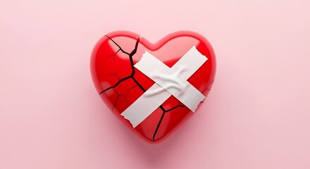 Red heart broken and mended with white tape on pink background