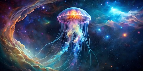 A mesmerizing jellyfish floats gracefully through the vast expanse of space, surrounded by swirling nebulas and distant stars, creating a surreal and dreamlike cosmic scene