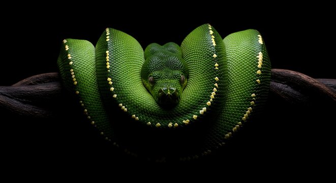 Green Tree Python Coiled on Dark Branch in Studio Lighting
