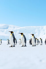 Obraz premium Group of Emperor Penguins Standing on Snow in Antarctica Under Clear Blue Sky