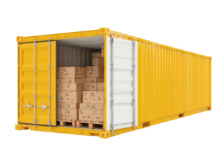 Yellow cargo container filled with boxes, ready for global shipping and logistics