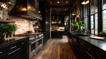 A sophisticated kitchen that showcases a dark color palette, blending vintage elements with modern design, creating an elegant cooking space with character.
