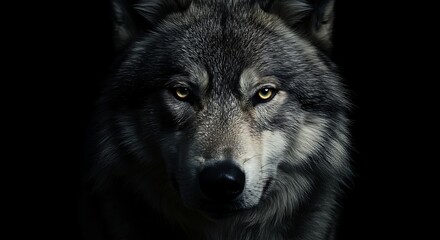 Fototapeta premium Majestic Gray Wolf Facing Forward in Dark Environment
