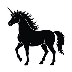 Obraz premium Unicorn silhouette of horse with horn and flowing tail, fantasy-themed isolated vector illustration in black and white