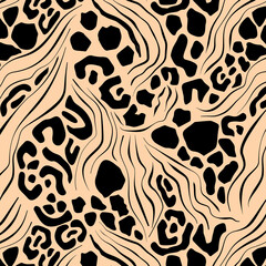 Seamless leopard and zebra pattern. Hand draw animals pattern in vector. Beige background. 