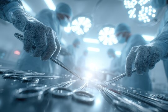 Surgeon's gloved hands selecting instruments in a busy operating room.