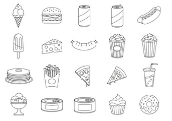 Vector illustration of assortment of handdrawn fast food and dessert icons