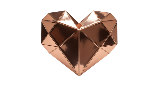 Geometric copper heart isolated on transparent background for modern love expression