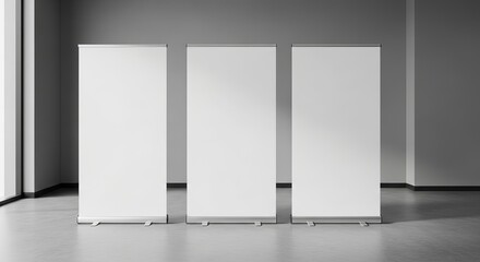 Three roll up banner stands mockup on gray background for advertising and promotion