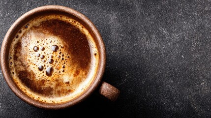 A close-up of richly brewed coffee in a rustic ceramic mug against a textured dark backdrop, evoking warmth and inviting indulgence in every sip.