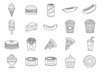 Vector illustration of collection of fast food and sweet treats, including burgers, hot dogs, ice cream, pizza, and donuts