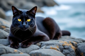  a majestic black cat with striking yellow eyes rests on a rocky shore with the ocean in the background