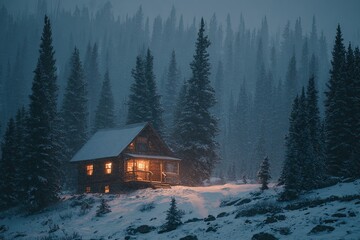 A cozy cabin bathed in warm light, nestled in a snowy forest at night