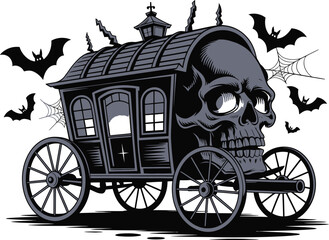 Fototapeta premium Skull carriage with bats and spiderwebs wagon hearse
