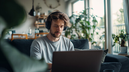 remote work lifestyle, young man with headphones working on laptop
