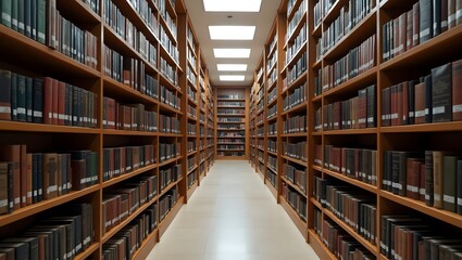 Obraz premium Modern library shelves with books, symmetrical perspective.