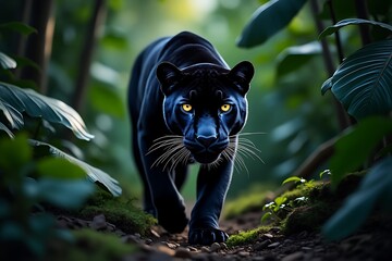  a majestic black panther with glowing yellow eyes walks through a lush, green jungle