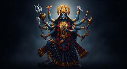 Blue skinned goddess Kali with multiple arms and weapons