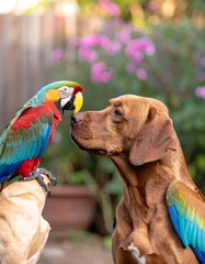 Colorful parrot and dog