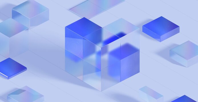 Abstract 3D shapes with a minimalist aesthetic, designed with geometric blue cubes