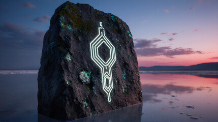 Glowing futuristic symbol on rock at sunset