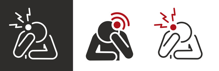 flat and linear set icons, headache icon, head hurts, person supports head with hand, pain, simple symbols on white and black background - editable stroke vector illustration
