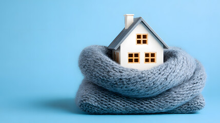 Fototapeta na wymiar Home in a knitted scarf on a blue background, Concept of the heating system in a winterized house. keeping warm in the house