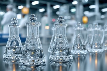 Scientific glass flasks with clear liquid in a clean, modern laboratory.
