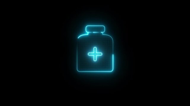 Glowing neon style medicine bottle sign showcased on black background with detailed pharmacy pill symbol illustration, modern healthcare vector concept, medicine concept,