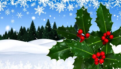 Holly berries and leaves on a snowy landscape.
