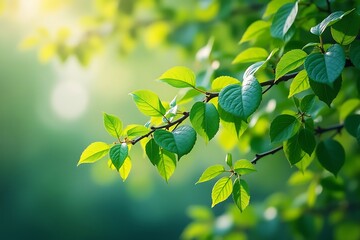  closeup of vibrant green leaves on a tree branch, bathed in soft sunlight, evoking a sense of natures renewal and tranquility