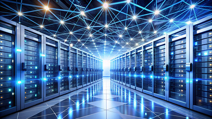 Illuminated server room with data storage, network connections, and advanced technology for cloud computing and cybersecurity