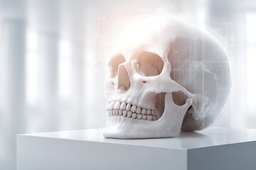 Futuristic 3D human skull model with digital wireframe and glowing data display
