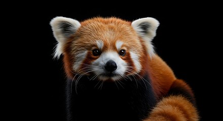 Obraz premium Red Panda Cub Sitting Against Black Background with Bright Fur and Curious Expression
