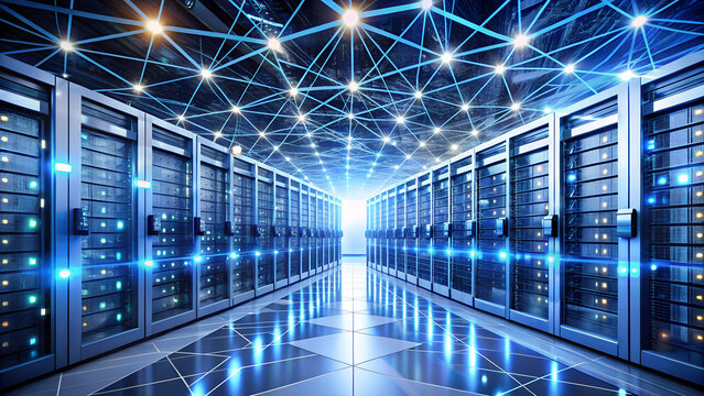 Illuminated server room with data storage, network connections, and advanced technology for cloud computing and cybersecurity