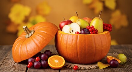 Pumpkin Bowl with Autumn Fruits on Rustic Table