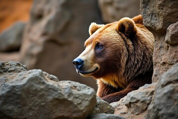  closeup profile view of a brown grizzly bear peeking from behind rocks in its natural habitat