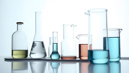 Science experiment glassware setup on lab table, white background