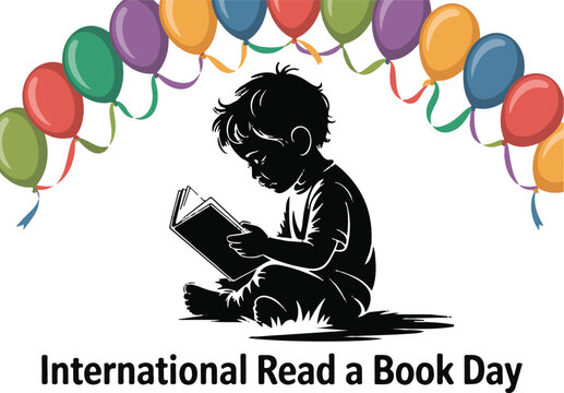 Silhouette Child Reading Book Under Colorful Balloons For International Read A Book Day children