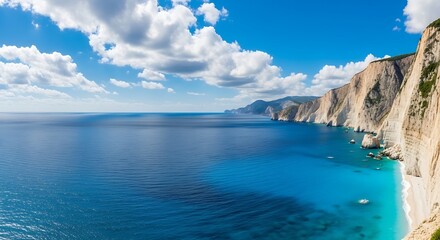 Naklejka premium Dramatic coastal cliffs meet turquoise waters under a blue sky