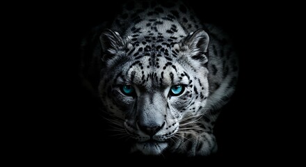 Fototapeta premium White Snow Leopard with Bright Blue Eyes Lying in Darkness