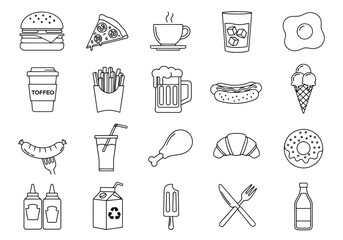 Vector illustration of set of food and drink icons including burger, pizza, coffee, egg, fries, beer, hot dog, ice cream, croissant, donut, and more