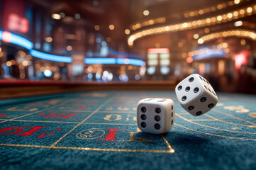Dice rolling at a vibrant casino during an exciting evening of gaming and entertainment