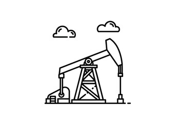 Vector illustration of outline illustration of an oil pump jack with clouds in the sky, representing the energy industry